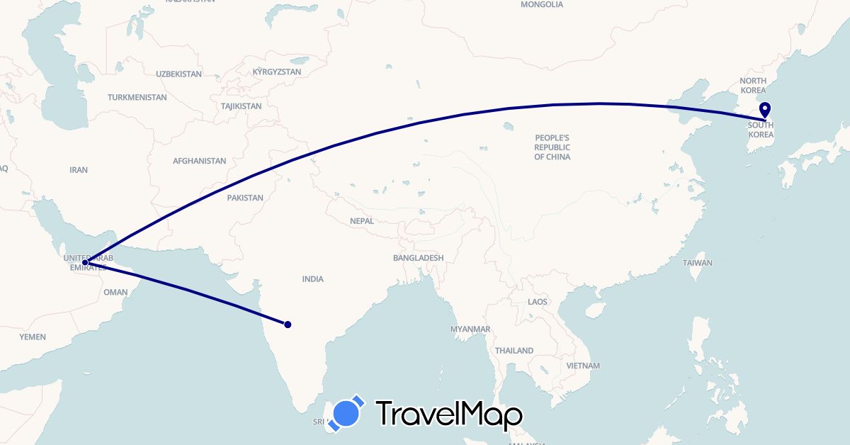 TravelMap itinerary: driving in United Arab Emirates, India, South Korea (Asia)